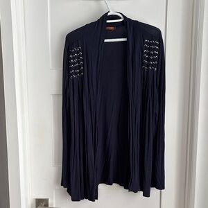 Belldini Navy Open-Front Cardigan with Grommet Shoulder Detail